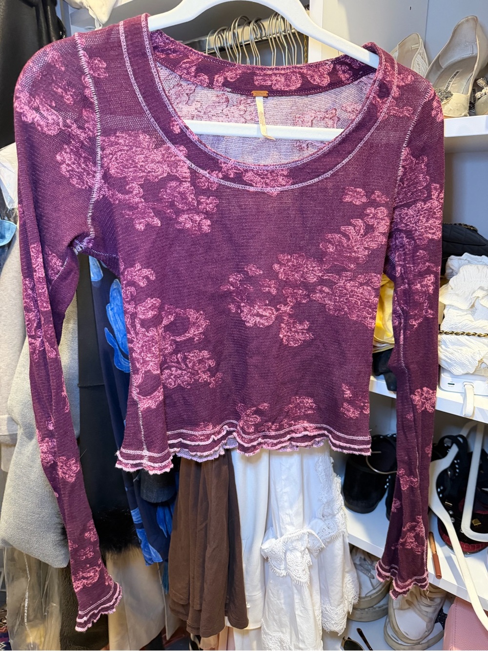 Free People Purple Pink Floral Thermal Long-Sleeve Top